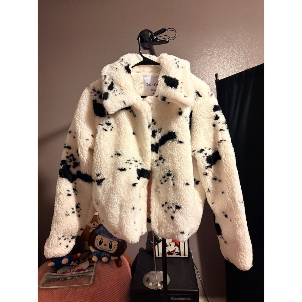 Juicy Couture Spotted Faux Fur White Black Jacket Medium Pink Lining Coat